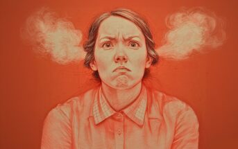 A sketch of a woman with an angry expression, furrowed eyebrows, and steam coming out of her ears, set against a red background.