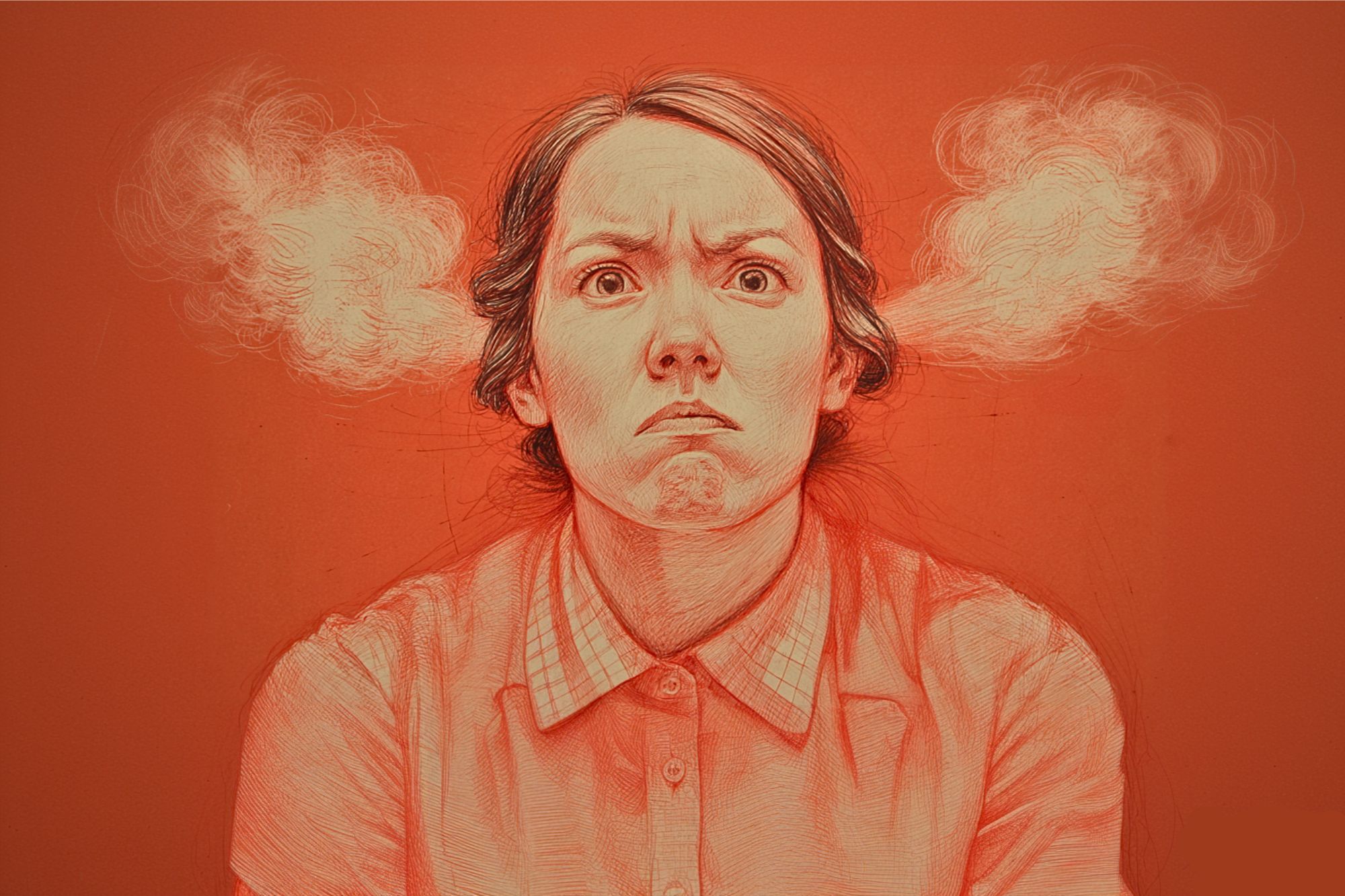 A sketch of a woman with an angry expression, furrowed eyebrows, and steam coming out of her ears, set against a red background.