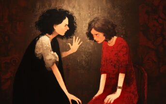 A woman with dark curly hair leans forward, appearing upset, while another woman in a red dress sits on a chair, looking down sadly. The background is dim and textured, creating a tense, emotional atmosphere.