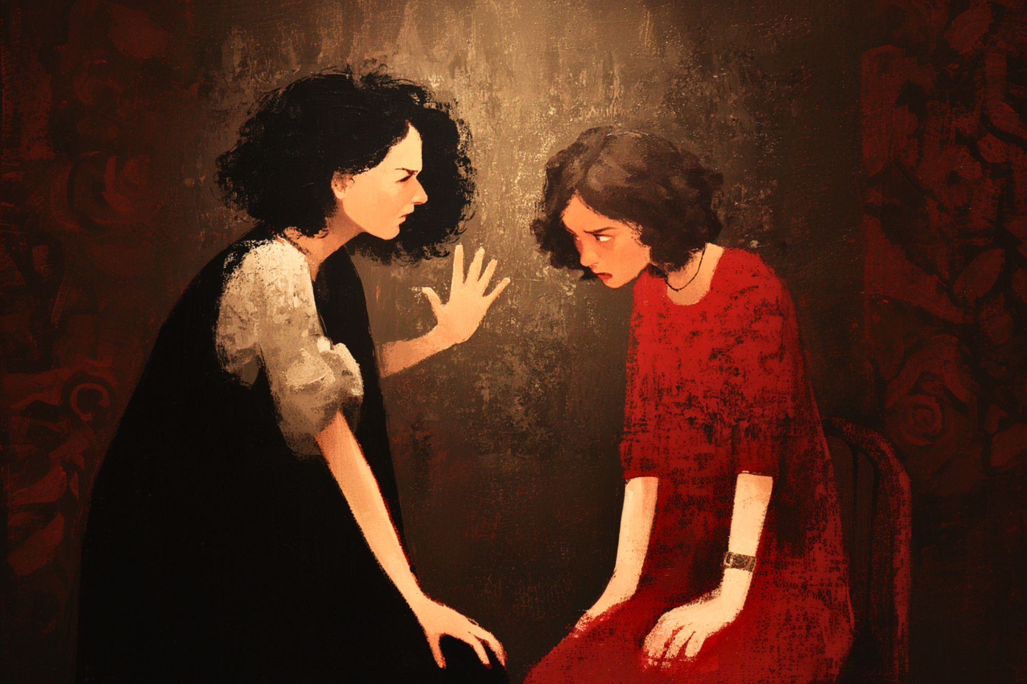 A woman with dark curly hair leans forward, appearing upset, while another woman in a red dress sits on a chair, looking down sadly. The background is dim and textured, creating a tense, emotional atmosphere.