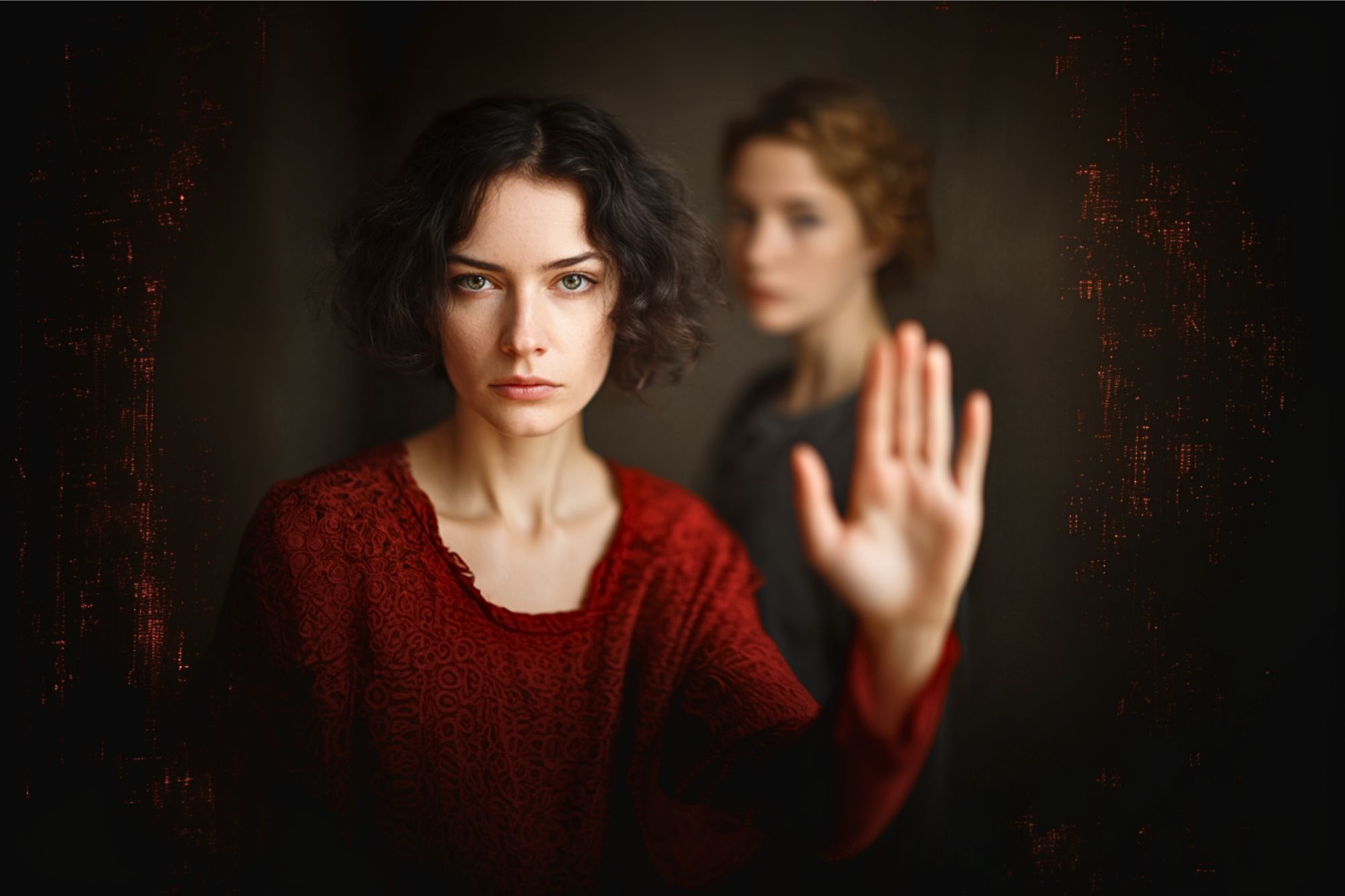 A woman with short dark hair and a serious expression stands in focus with her hand raised, palm facing forward. Another woman with lighter hair is blurred in the background. The scene is softly lit and dramatic.