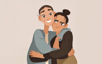 Two animated people hug each other; one smiles widely, while the other looks slightly annoyed but still allows the embrace. Both wear casual clothes and stand against a plain background.