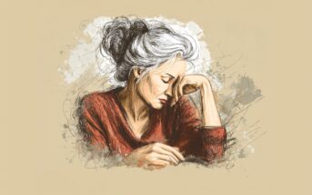 A sketch-style illustration of a woman with gray hair in a loose bun, wearing a red top, resting her head on her hand with a sad or thoughtful expression against a beige background.