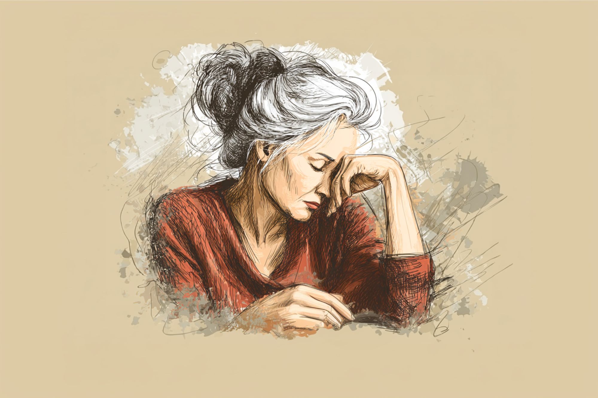 A sketch-style illustration of a woman with gray hair in a loose bun, wearing a red top, resting her head on her hand with a sad or thoughtful expression against a beige background.