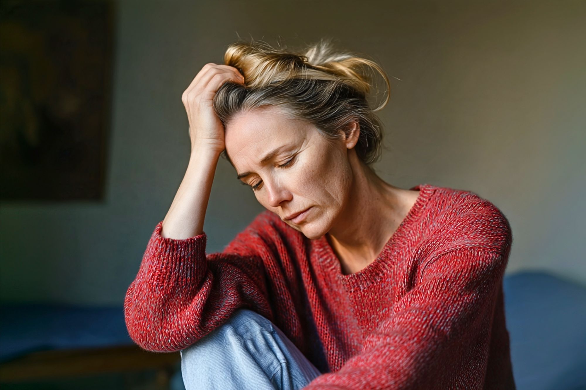 A woman wearing a red sweater sits with her hand on her head, eyes closed, appearing sad or stressed in a softly lit room.