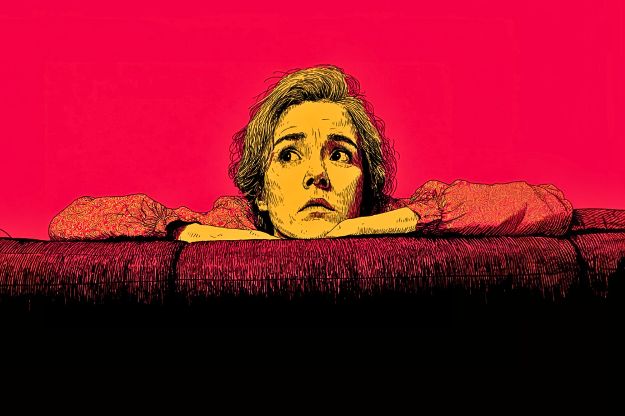 A stylized illustration of a person with short hair resting their chin on crossed arms over a ledge, looking to the side with a concerned expression, set against a bright pink and black background.