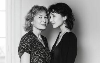 A black-and-white photo of two women standing close together, facing forward. One is older with short, wavy hair and a floral dress. The younger has dark, wavy hair and wears a dark blouse. Both have calm, gentle expressions.
