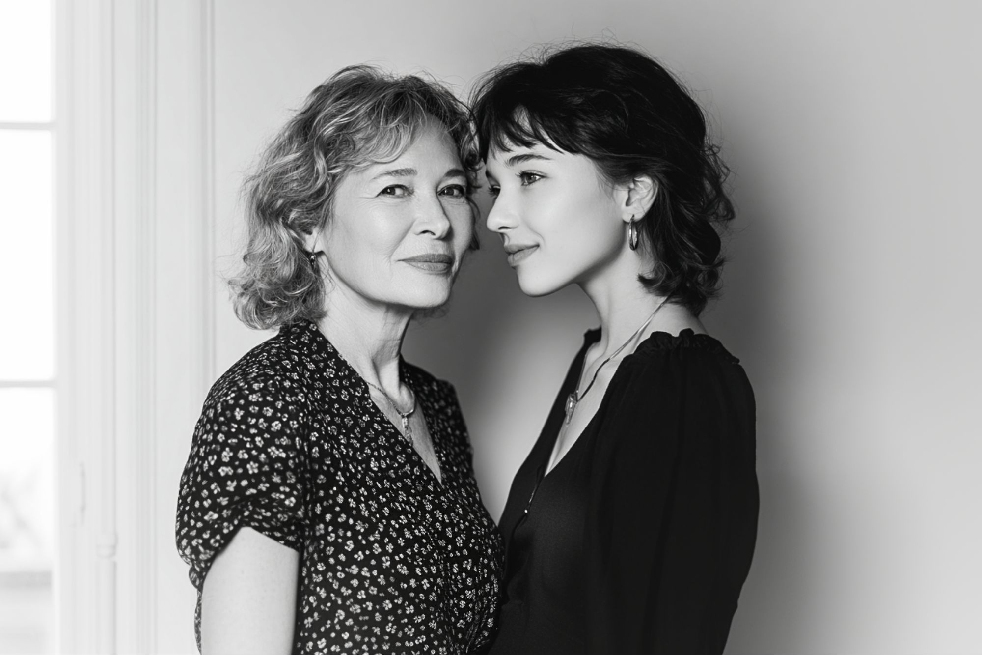 A black-and-white photo of two women standing close together, facing forward. One is older with short, wavy hair and a floral dress. The younger has dark, wavy hair and wears a dark blouse. Both have calm, gentle expressions.
