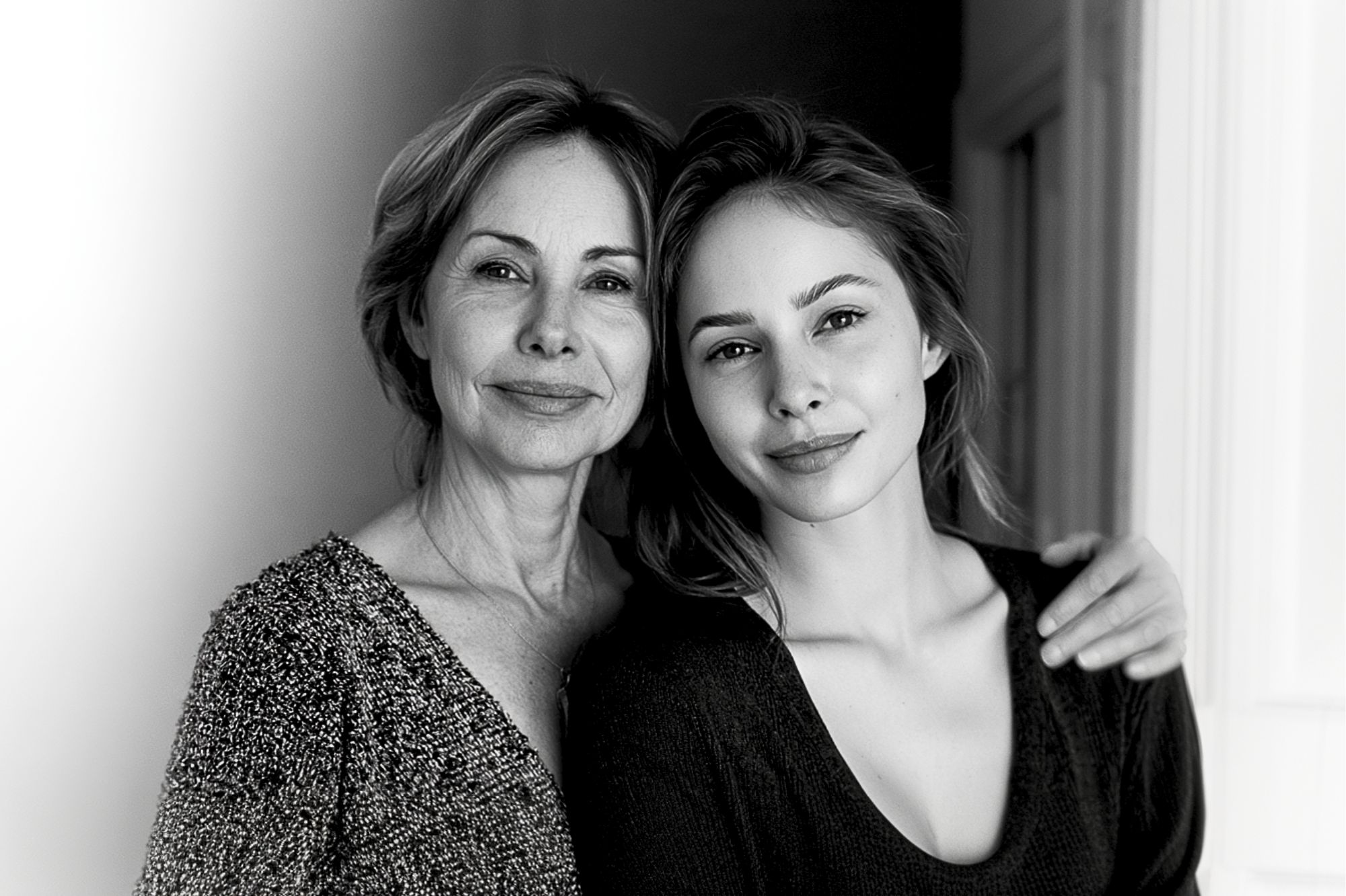 A black and white photo of two women standing close together and smiling, with one woman’s arm around the other’s shoulder, appearing to be a mother and daughter in a warmly lit indoor setting.