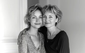 Two women, one younger and one older, stand close together indoors, smiling gently at the camera. The older woman has her arm around the younger. The image is in black and white.