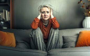 A person with light hair sits on a gray couch, holding their head with both hands and looking stressed or worried. They wear a red sweater and ripped jeans, with orange pillows on the couch beside them.