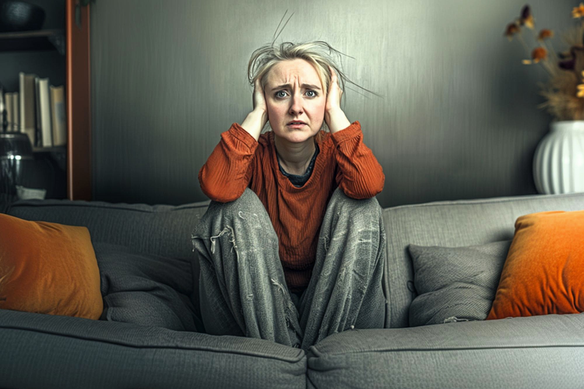 A person with light hair sits on a gray couch, holding their head with both hands and looking stressed or worried. They wear a red sweater and ripped jeans, with orange pillows on the couch beside them.