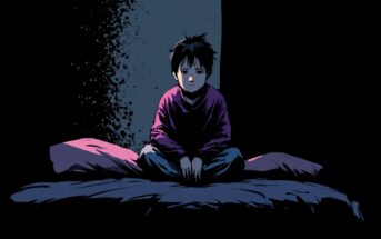 A young child with messy hair sits cross-legged on a bed in a dark room, illuminated by a dim light. The child looks anxious and lonely, with shadows and darkness surrounding them.