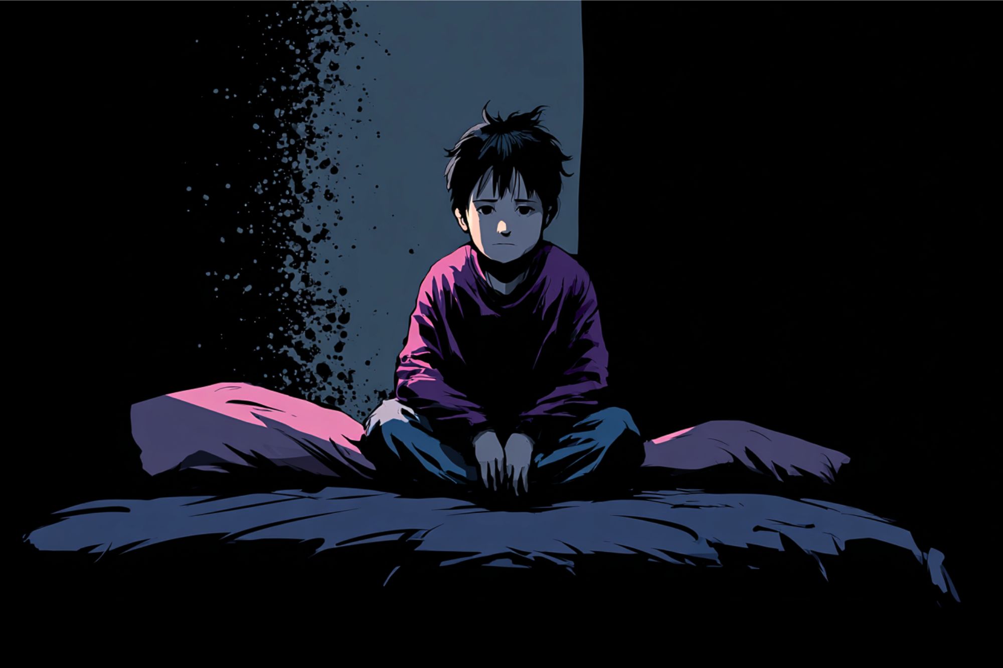 A young child with messy hair sits cross-legged on a bed in a dark room, illuminated by a dim light. The child looks anxious and lonely, with shadows and darkness surrounding them.