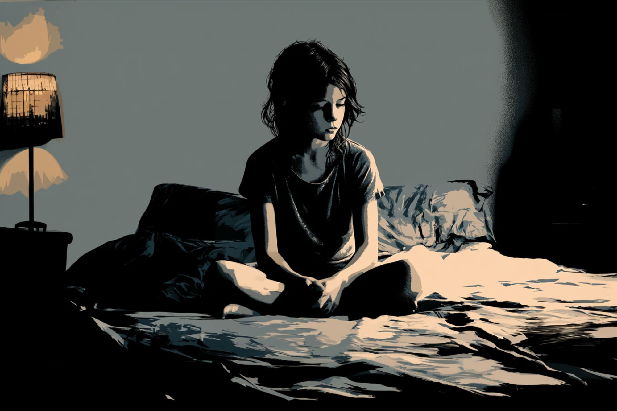 A young girl sits on a messy bed in a dimly lit room, illuminated by soft light from a nearby lamp, looking down with a pensive expression.