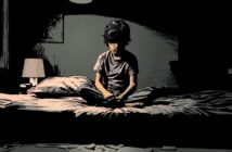 A young boy sits cross-legged on a bed in a dimly lit room, his face partially shadowed. Papers are scattered on the floor, and a lamp casts soft light beside him, creating a somber, contemplative mood.
