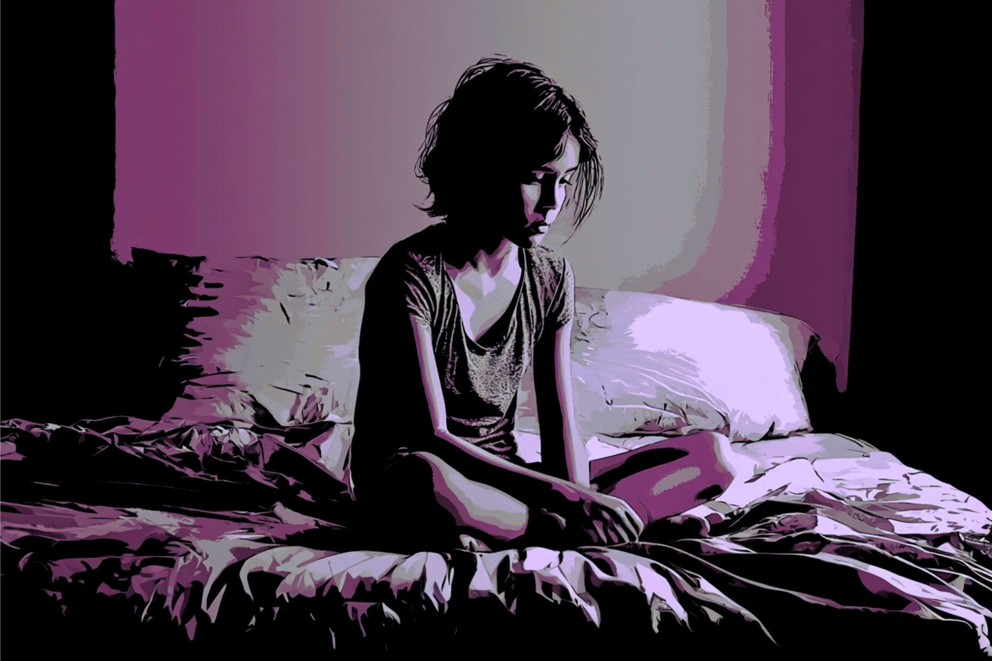 A person with short hair sits alone on a rumpled bed in a dim room with purple lighting, looking down with a thoughtful or somber expression.