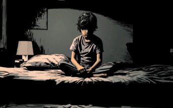 A young boy sits cross-legged on a bed in a dimly lit room, his face partially shadowed. Papers are scattered on the floor, and a lamp casts soft light beside him, creating a somber, contemplative mood.