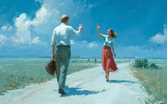 A man and woman walk toward each other on a sunlit country road, both raising their hands to wave. The sky is bright blue with fluffy clouds, and the woman wears a red skirt while the man carries a hat.