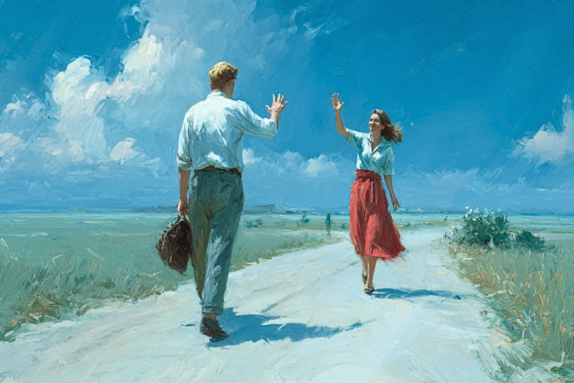 A man and woman walk toward each other on a sunlit country road, both raising their hands to wave. The sky is bright blue with fluffy clouds, and the woman wears a red skirt while the man carries a hat.