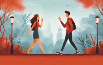 A young woman and man with backpacks walk toward each other on a path, smiling and waving. The scene is surrounded by trees, street lamps, and a city skyline in the background with a soft, warm color palette.