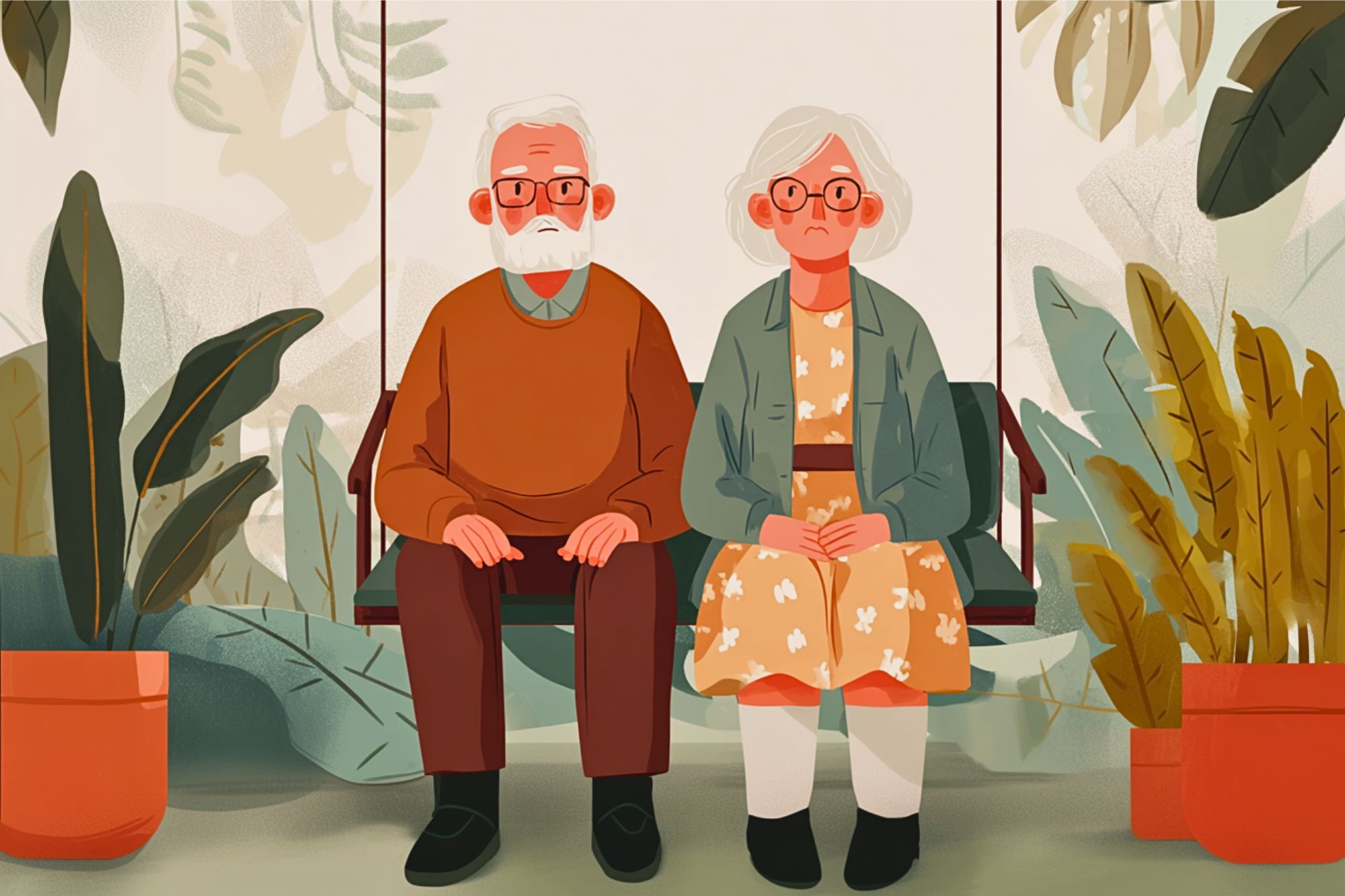 An illustration of an elderly man and woman with gray hair and glasses sitting side by side on a bench, surrounded by green potted plants in a serene indoor setting.