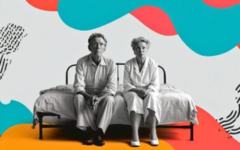 An elderly man and woman sit side by side on a bed, both wearing white clothing, against a colorful abstract background with bold red, blue, yellow, and black shapes.