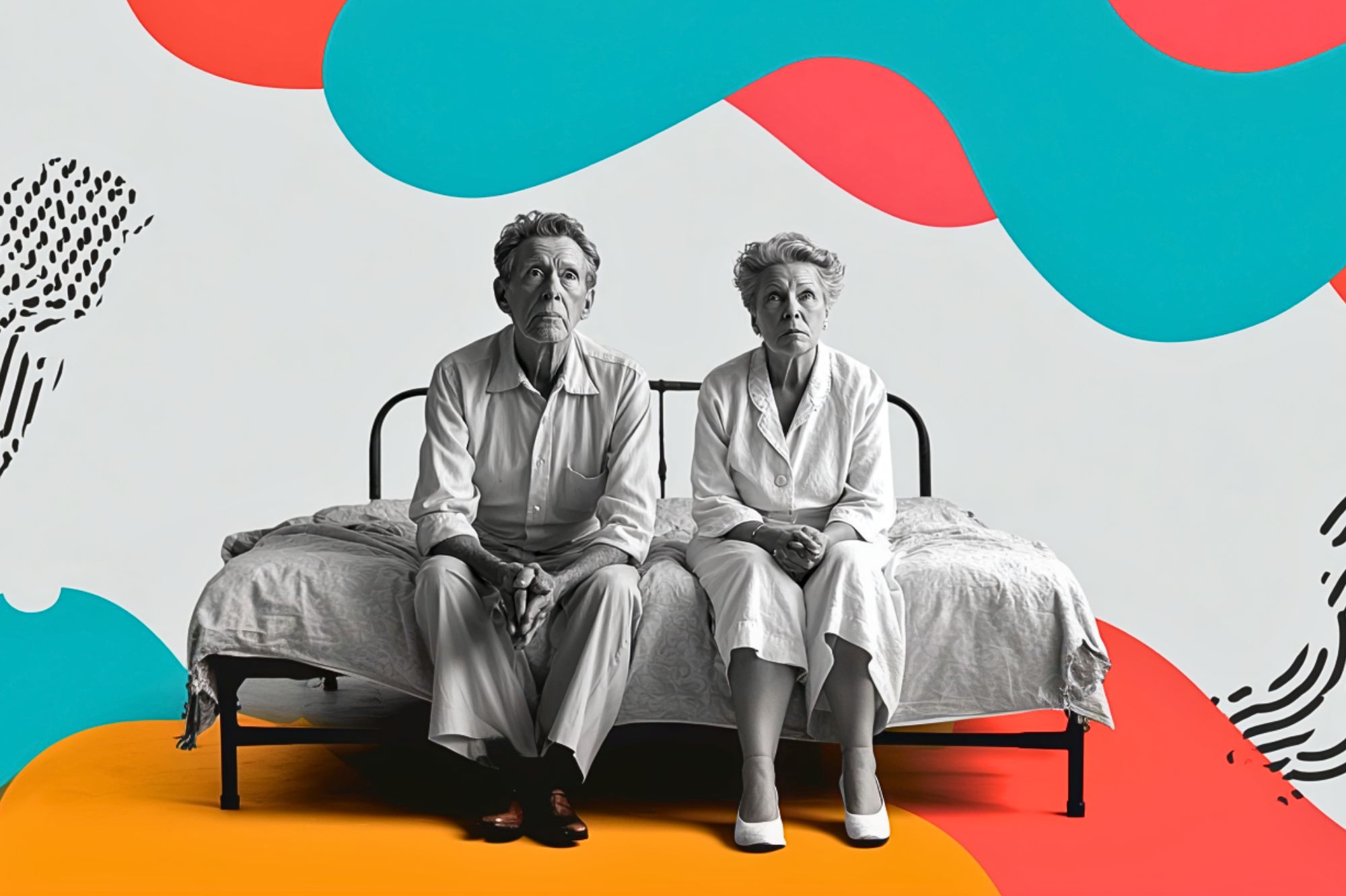 An elderly man and woman sit side by side on a bed, both wearing white clothing, against a colorful abstract background with bold red, blue, yellow, and black shapes.