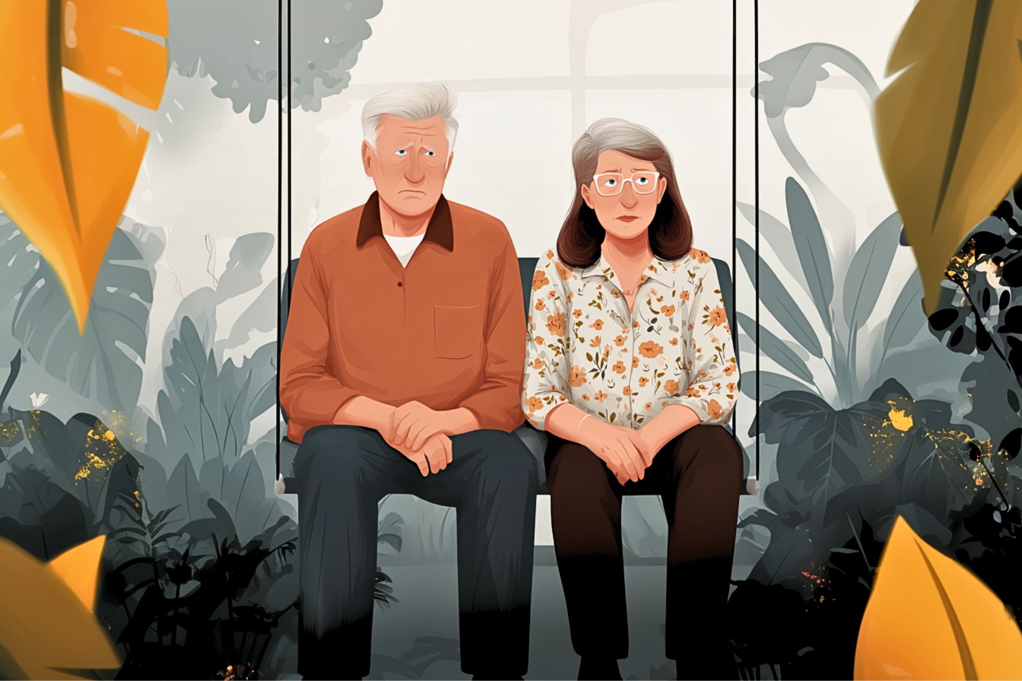 An elderly man and woman sit side by side on a bench surrounded by lush plants. Both look serious. The man wears a brown shirt and dark pants; the woman wears glasses, a floral blouse, and light pants.