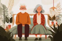 An elderly man and woman sit side by side on a bed, surrounded by potted plants. Both have gray hair and wear cozy clothes. The room has a warm, soft ambiance with leafy decor and muted colors.