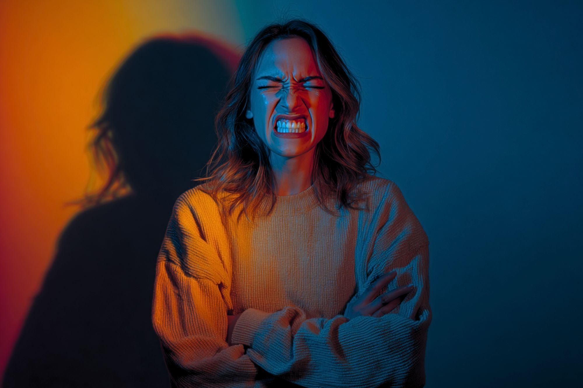 A woman with wavy hair crosses her arms and clenches her teeth in a tense expression. She is lit by dramatic orange and blue lighting, casting a shadow on the wall behind her.