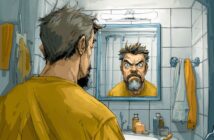 A man in a yellow shirt stands in a bathroom, staring angrily into a mirror. His reflection shows a fierce, exaggerated scowl. The bathroom has white tiles, a towel, and toiletries on the sink.
