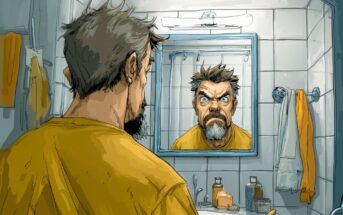 A man in a yellow shirt stands in a bathroom, staring angrily into a mirror. His reflection shows a fierce, exaggerated scowl. The bathroom has white tiles, a towel, and toiletries on the sink.