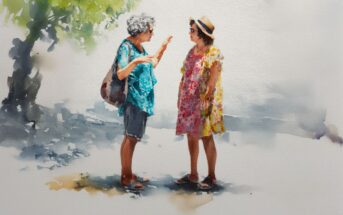A watercolor painting of two women talking outdoors. One wears a blue shirt and shorts with a bag, the other a floral dress and hat. They stand in dappled sunlight, casting shadows on the ground.