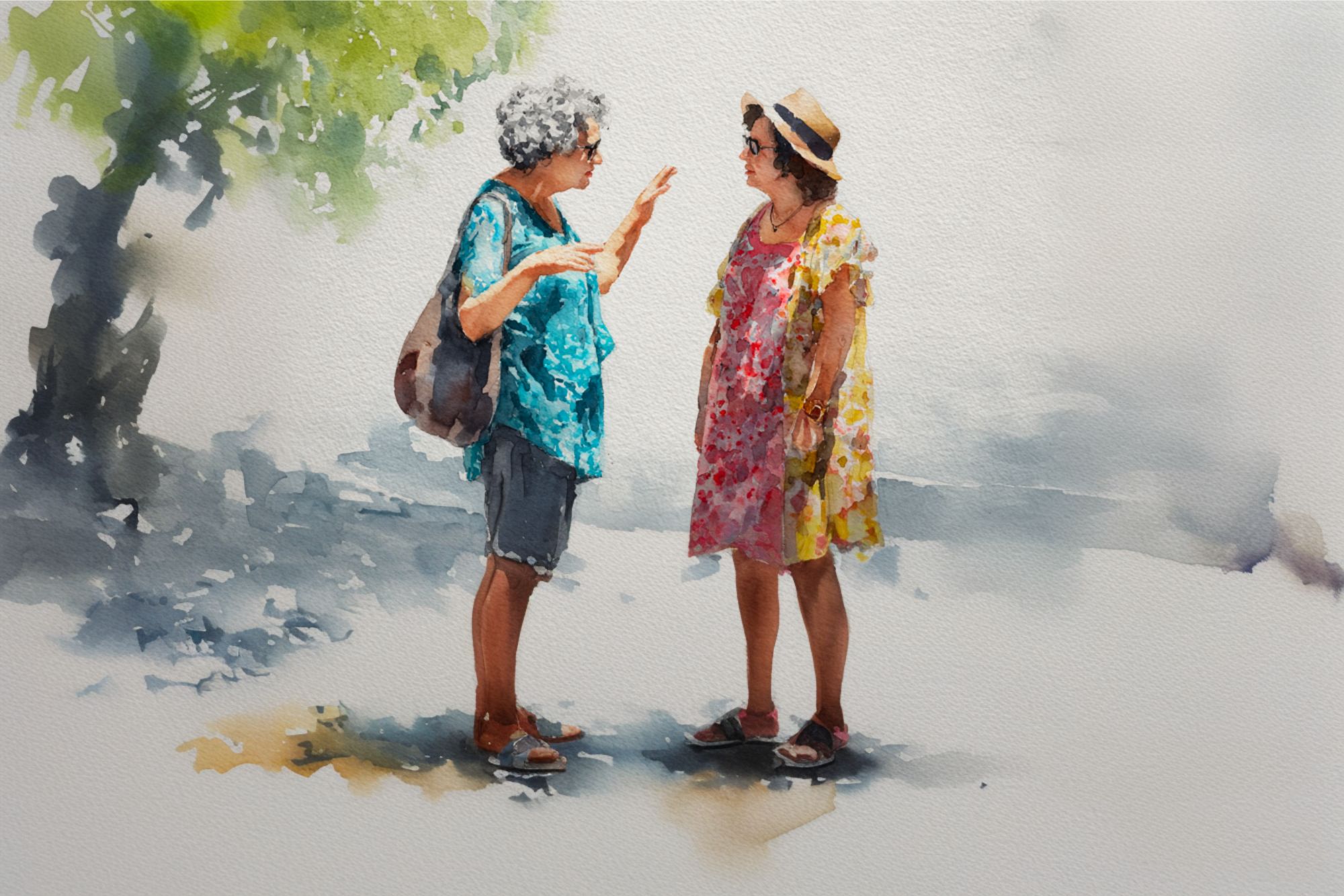 A watercolor painting of two women talking outdoors. One wears a blue shirt and shorts with a bag, the other a floral dress and hat. They stand in dappled sunlight, casting shadows on the ground.