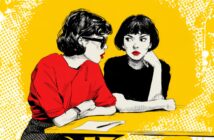 Illustration of two women sitting at a table with a paper and pen. One woman in a red shirt and sunglasses is speaking, while the other in a black shirt listens with her chin on her hand, against a bright yellow background.