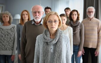 A group of serious-looking adults, both men and women of varying ages, stand closely together indoors, all facing forward. The woman in the front wears glasses and a gray scarf. The mood is somber.