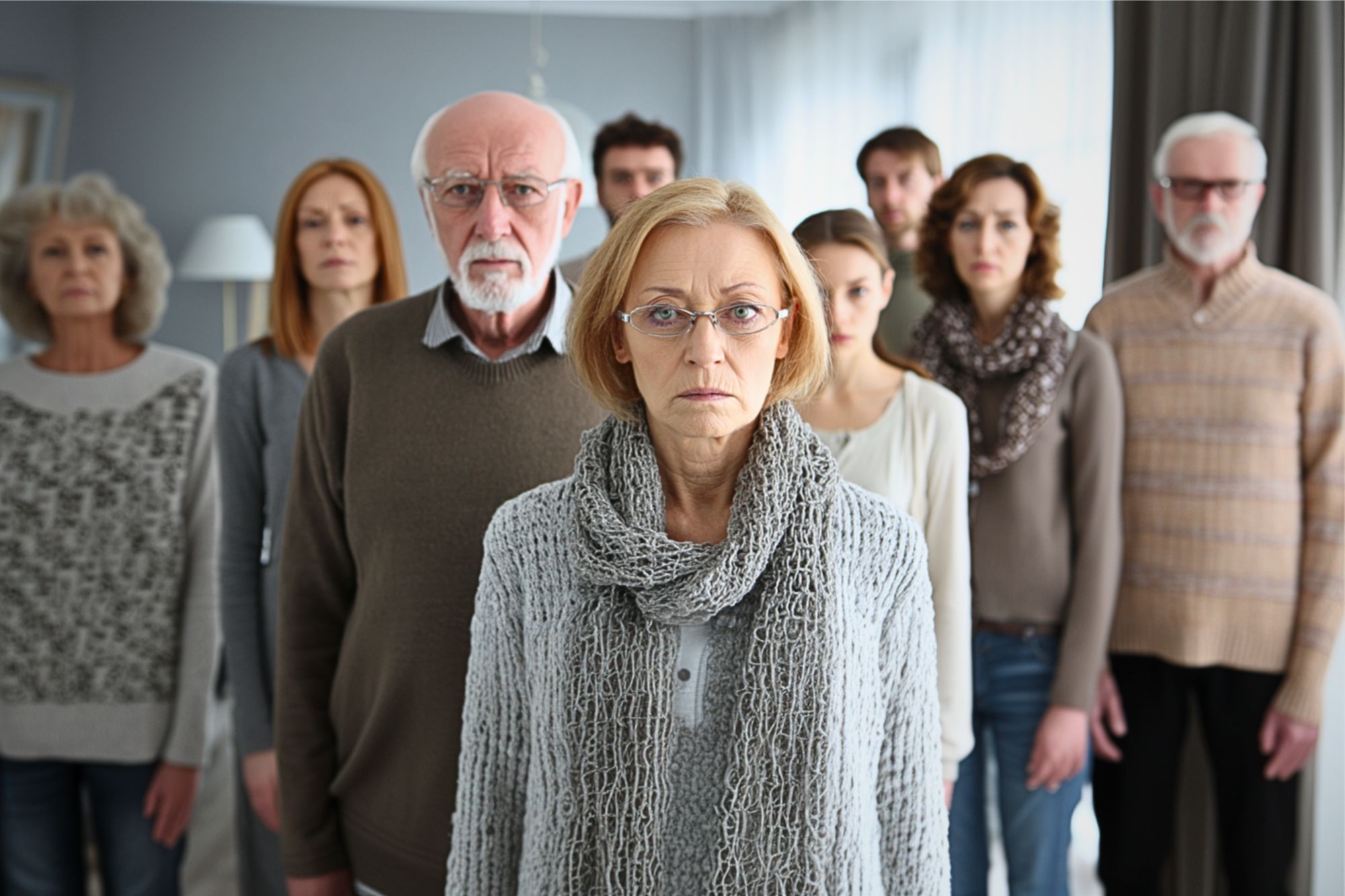 A group of serious-looking adults, both men and women of varying ages, stand closely together indoors, all facing forward. The woman in the front wears glasses and a gray scarf. The mood is somber.