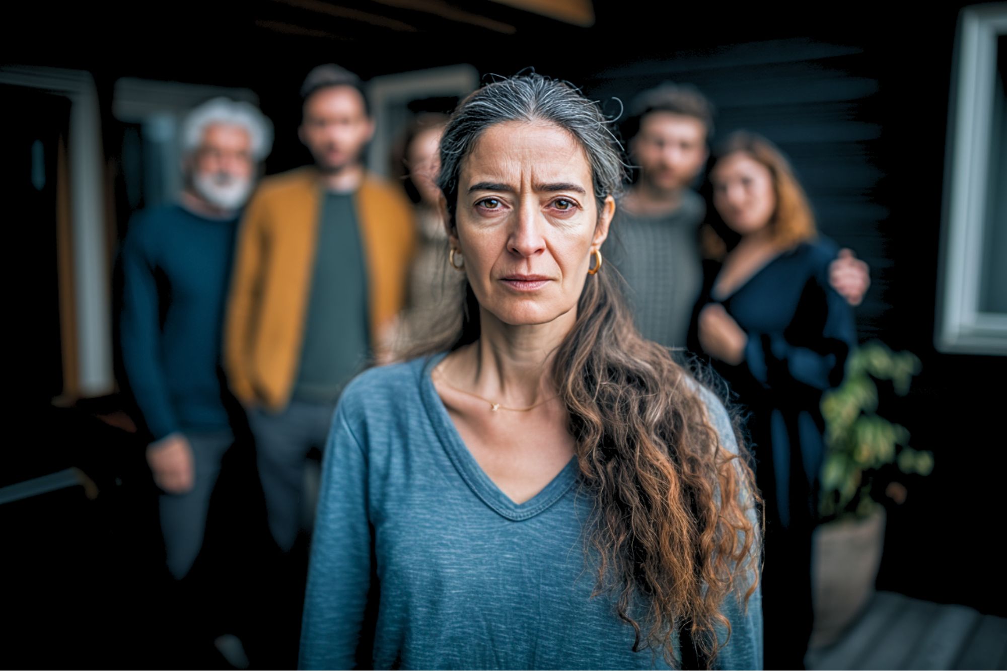 A woman with long graying hair stands in focus at the front, looking serious. Five people are blurred in the background, suggesting a family or group setting. The mood appears somber or tense.