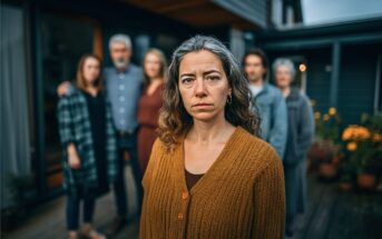 A serious woman with graying hair stands in focus outdoors, wearing a brown sweater, while a blurred group of five people stands in the background near a house and garden.