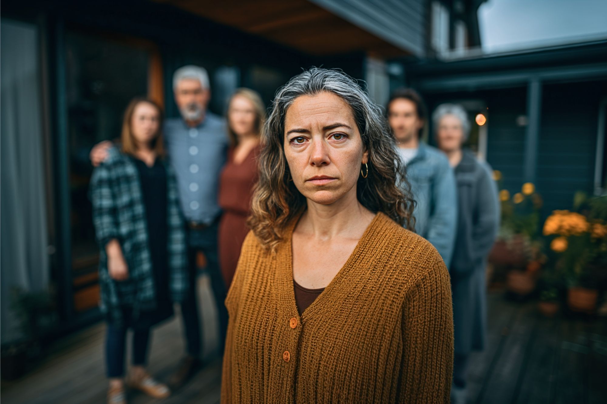 A serious woman with graying hair stands in focus outdoors, wearing a brown sweater, while a blurred group of five people stands in the background near a house and garden.