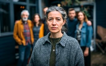 A woman with graying hair and a serious expression stands in focus outdoors, wearing a gray sweater. Behind her, four adults are blurred, standing close together in front of a dark-colored building.