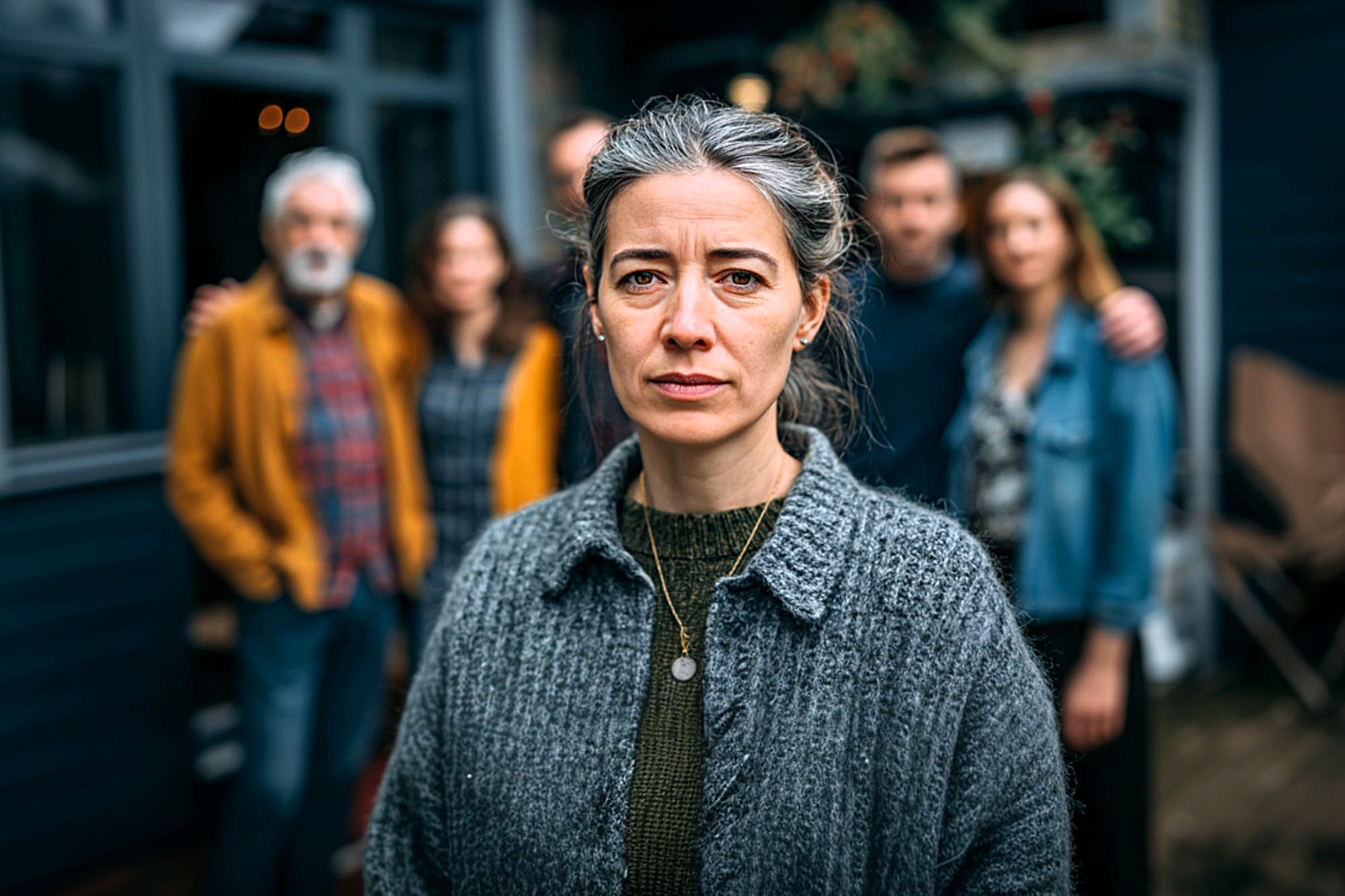 A woman with graying hair and a serious expression stands in focus outdoors, wearing a gray sweater. Behind her, four adults are blurred, standing close together in front of a dark-colored building.