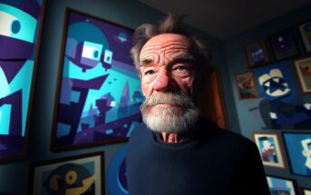 An older man with a gray beard and mustache stands in a room decorated with colorful, abstract artwork and geometric paintings on the walls. The lighting highlights his expressive face and intense gaze.