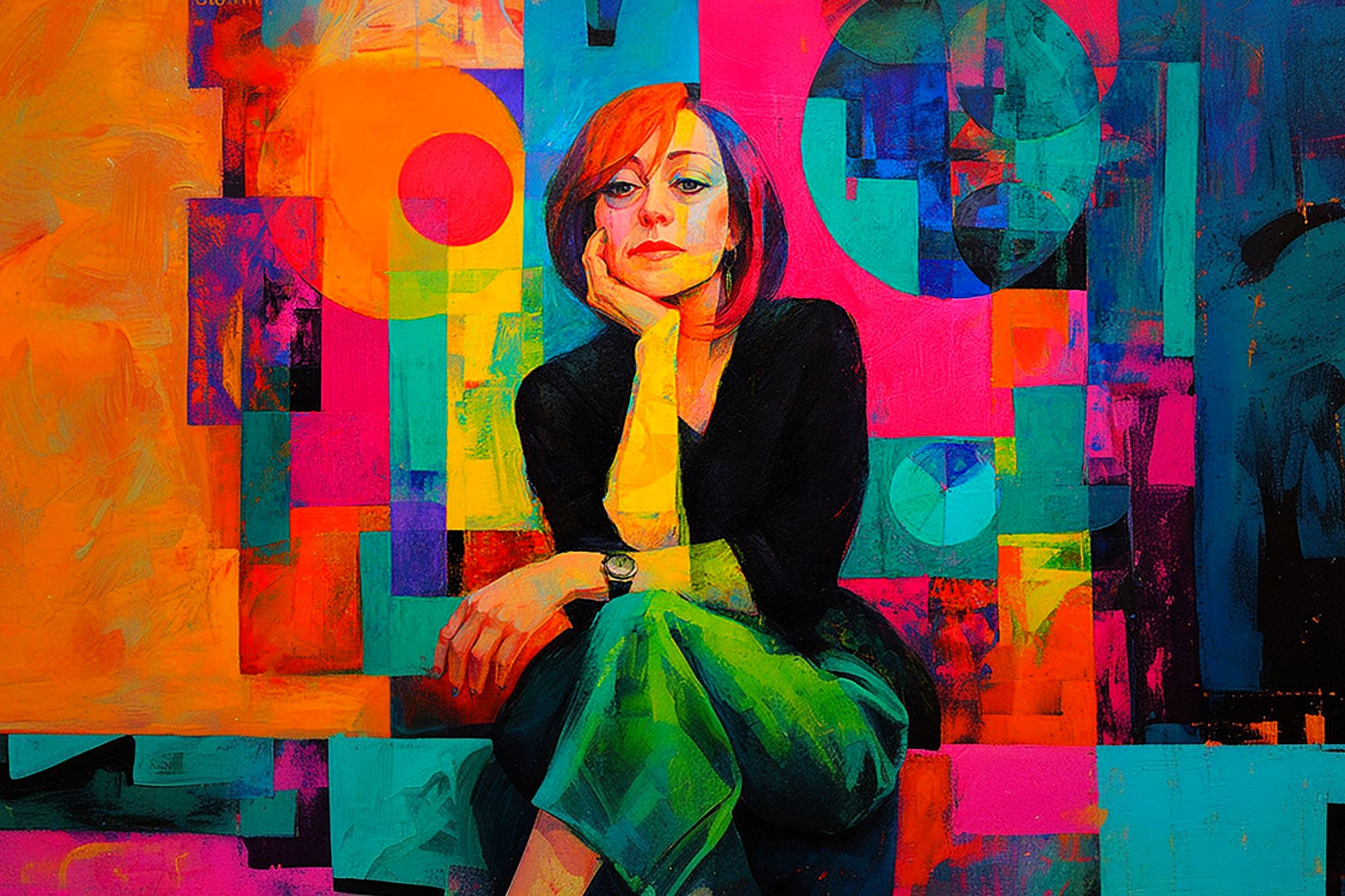 A vibrant, colorful painting of a woman with short hair, wearing green pants and a black top, sitting with her hand on her chin against a bold geometric, abstract background in shades of orange, red, blue, and yellow.