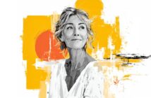 Digital illustration of a smiling older woman with light hair in a white top, looking slightly to the side, set against an abstract background with bold yellow and orange shapes.