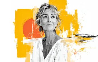 Digital illustration of a smiling older woman with light hair in a white top, looking slightly to the side, set against an abstract background with bold yellow and orange shapes.
