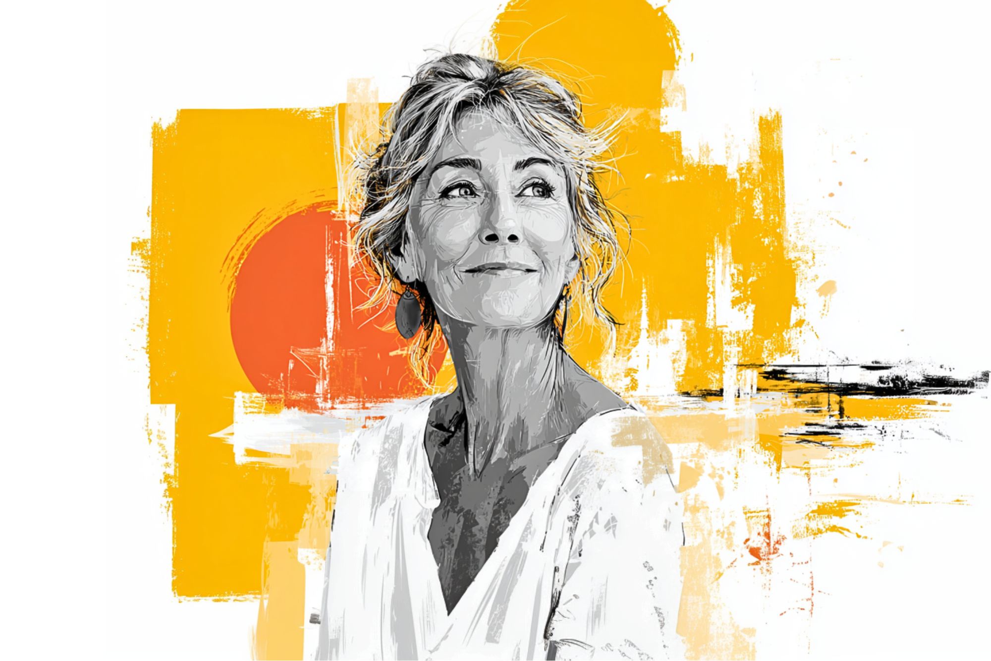 Digital illustration of a smiling older woman with light hair in a white top, looking slightly to the side, set against an abstract background with bold yellow and orange shapes.