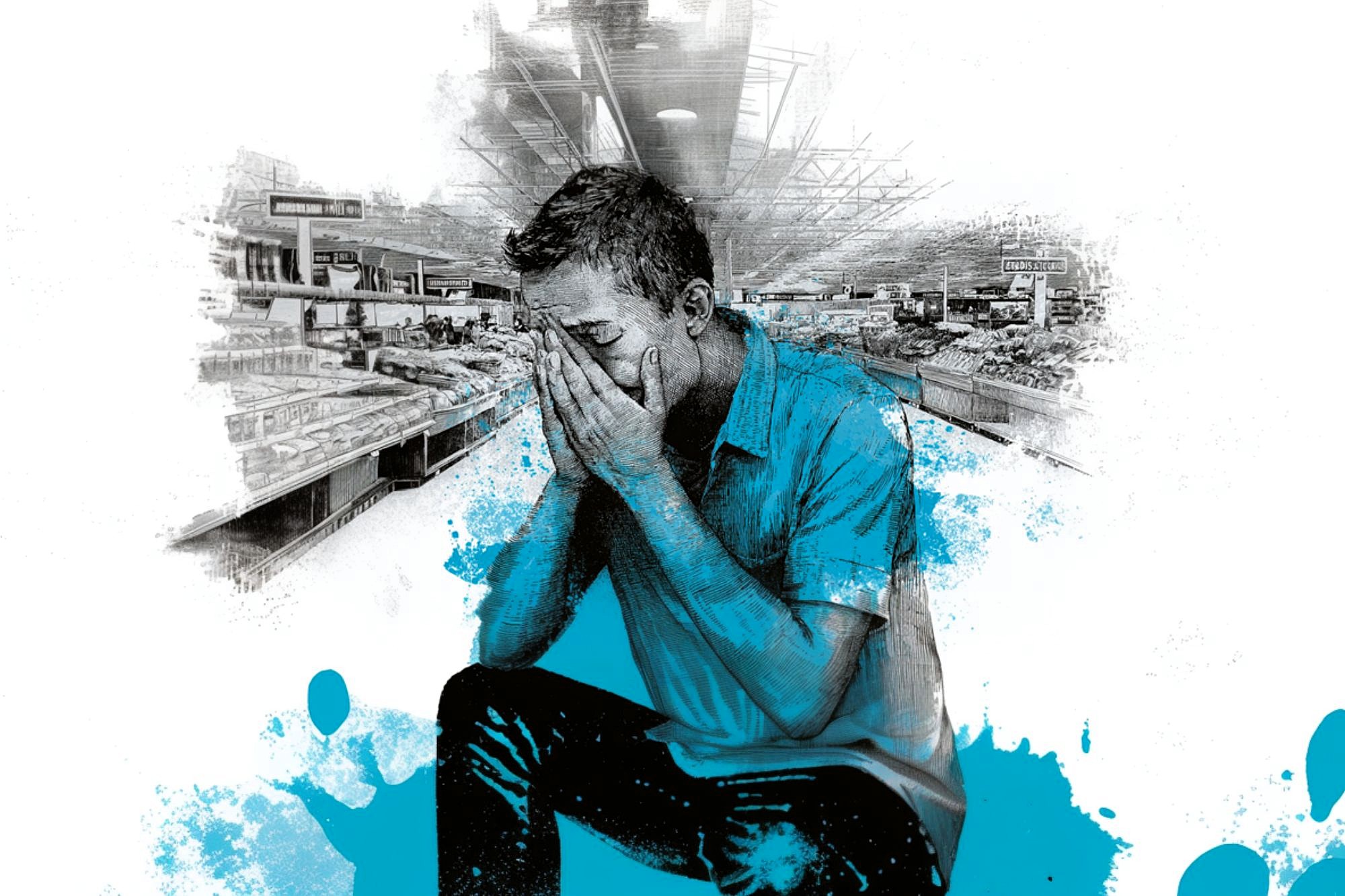 A distressed man sits with his head in his hands in an empty grocery store, surrounded by blue paint splatters and empty shelves, creating a sense of worry and isolation.