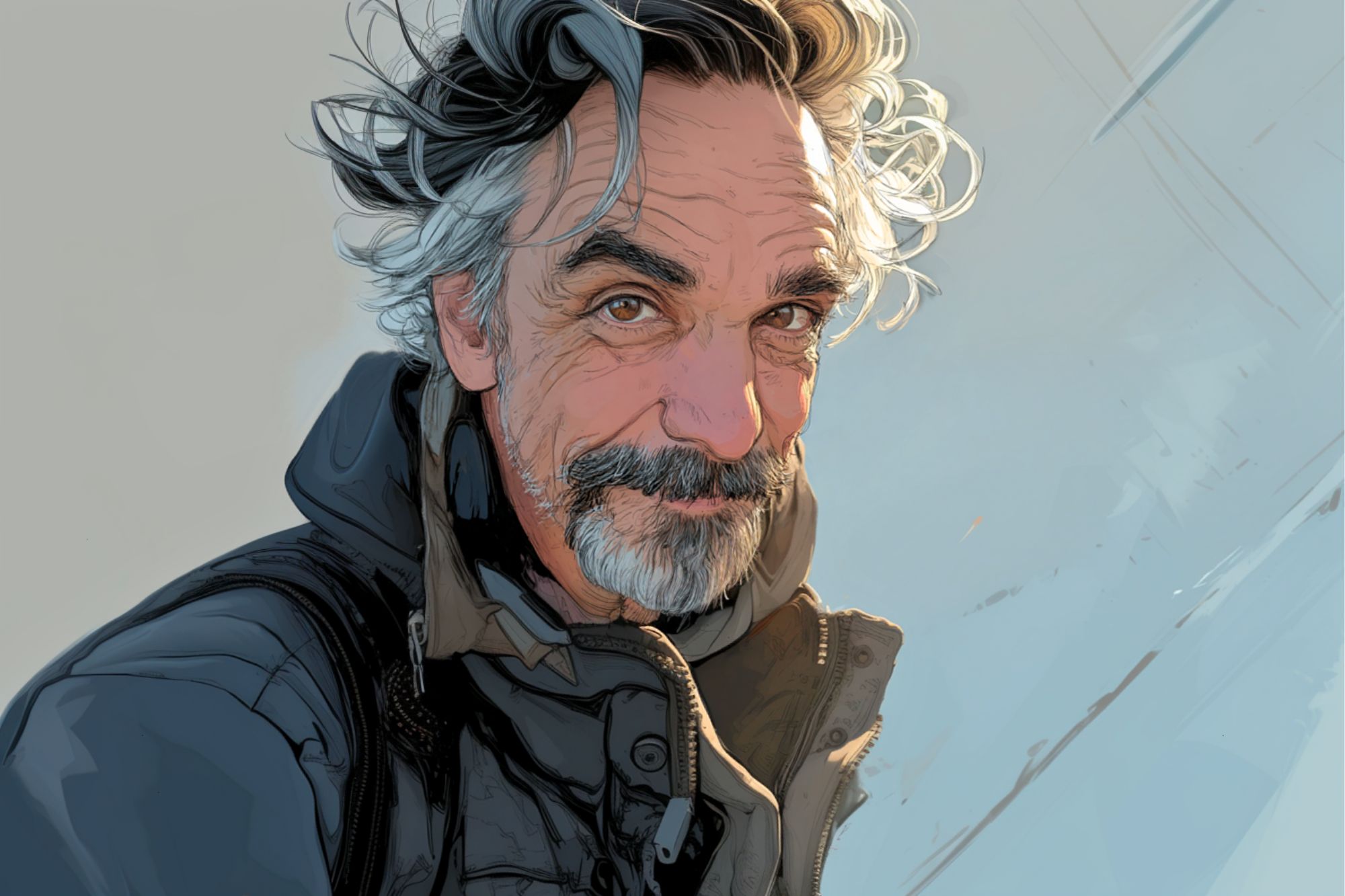 A middle-aged man with gray, windswept hair and a salt-and-pepper beard, wearing a dark jacket, smiles slightly while looking into the camera against a muted, light-colored background.